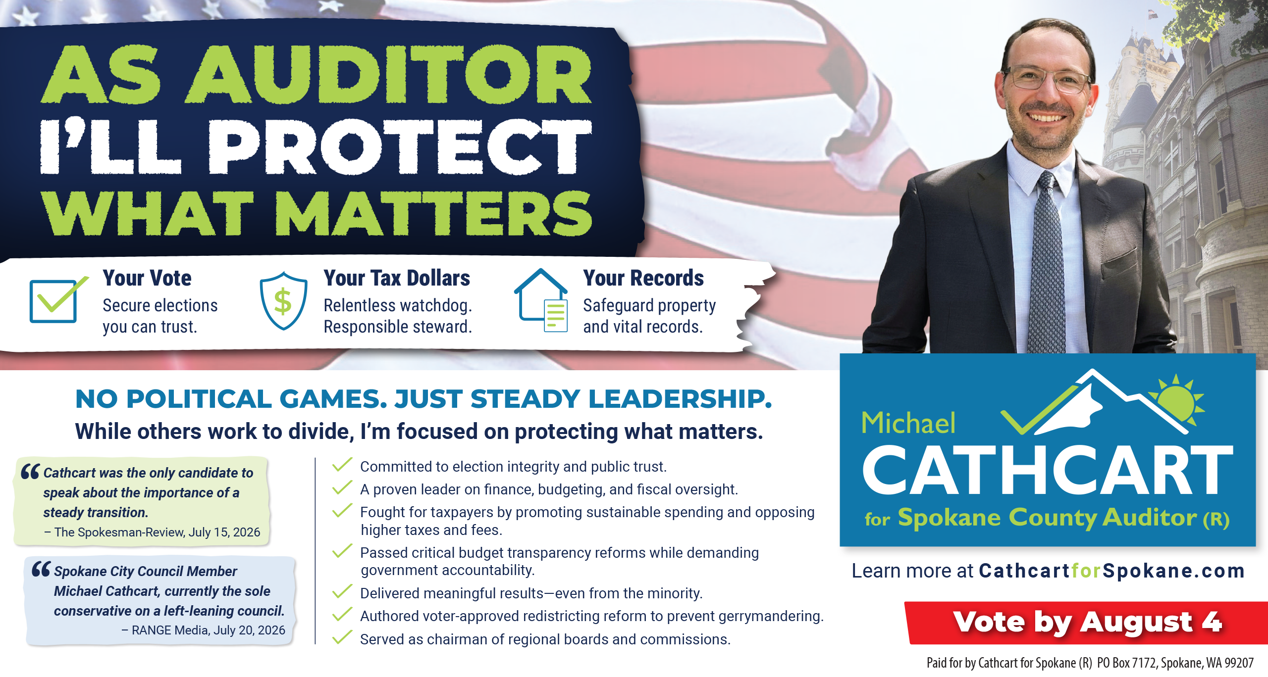 Michael Cathcart for Spokane County Auditor campaign message: As Auditor, I'll protect what matters